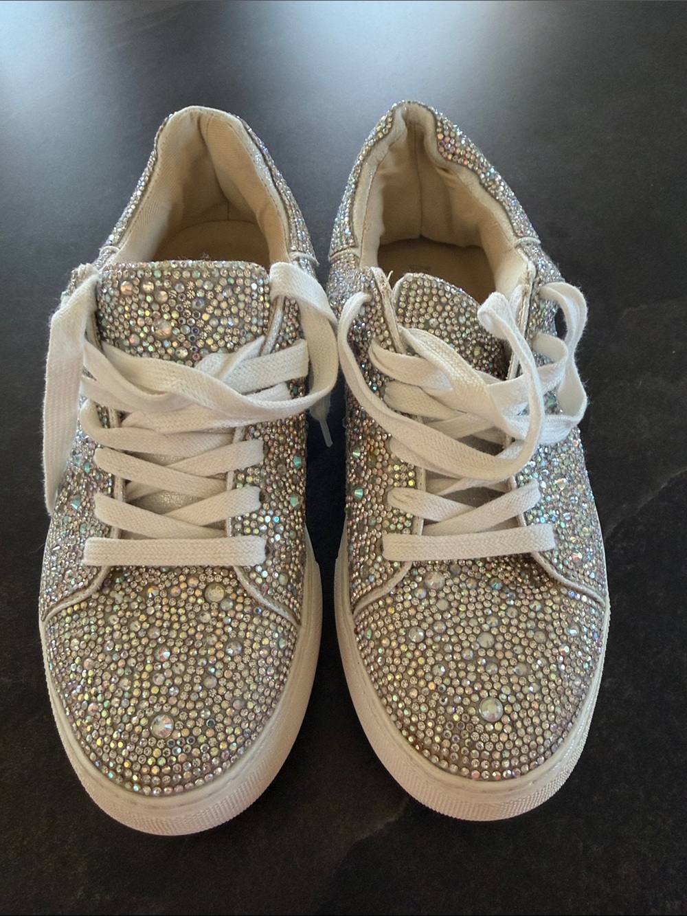 Betsey Johnson Iridescent Crystal Lace-Up Sneakers - White
